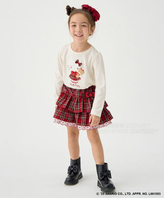 現貨-日本童裝 aF#a325 x sanrio Hello Kitty 格仔層層疊裙褲 120cm 女童款 秋季 PANTS 聖誕紅/新年紅