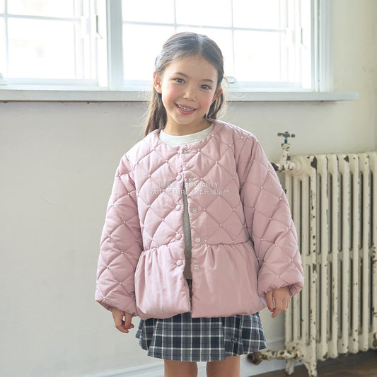 日本童裝 Ly# mine 珍珠絎縫荷葉邊收腰夾棉外套 100-150cm 女童款 冬季 (適合初秋、香港平均溫度)OUTERWEAR