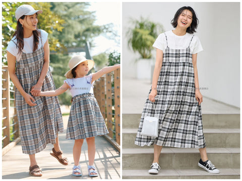 日本直送 aF#a325 親子裝 拼接格仔連身裙 M-L 大人款 夏季 DRESSES