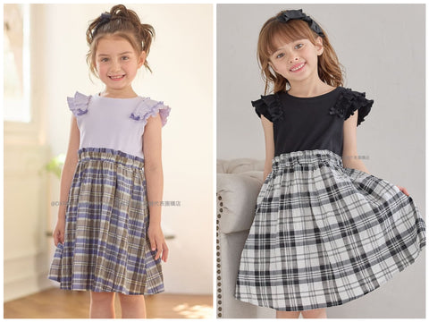 日本直送 aF#a325 親子裝 拼接格仔連身裙 110-150cm 女童款 夏季 DRESSES