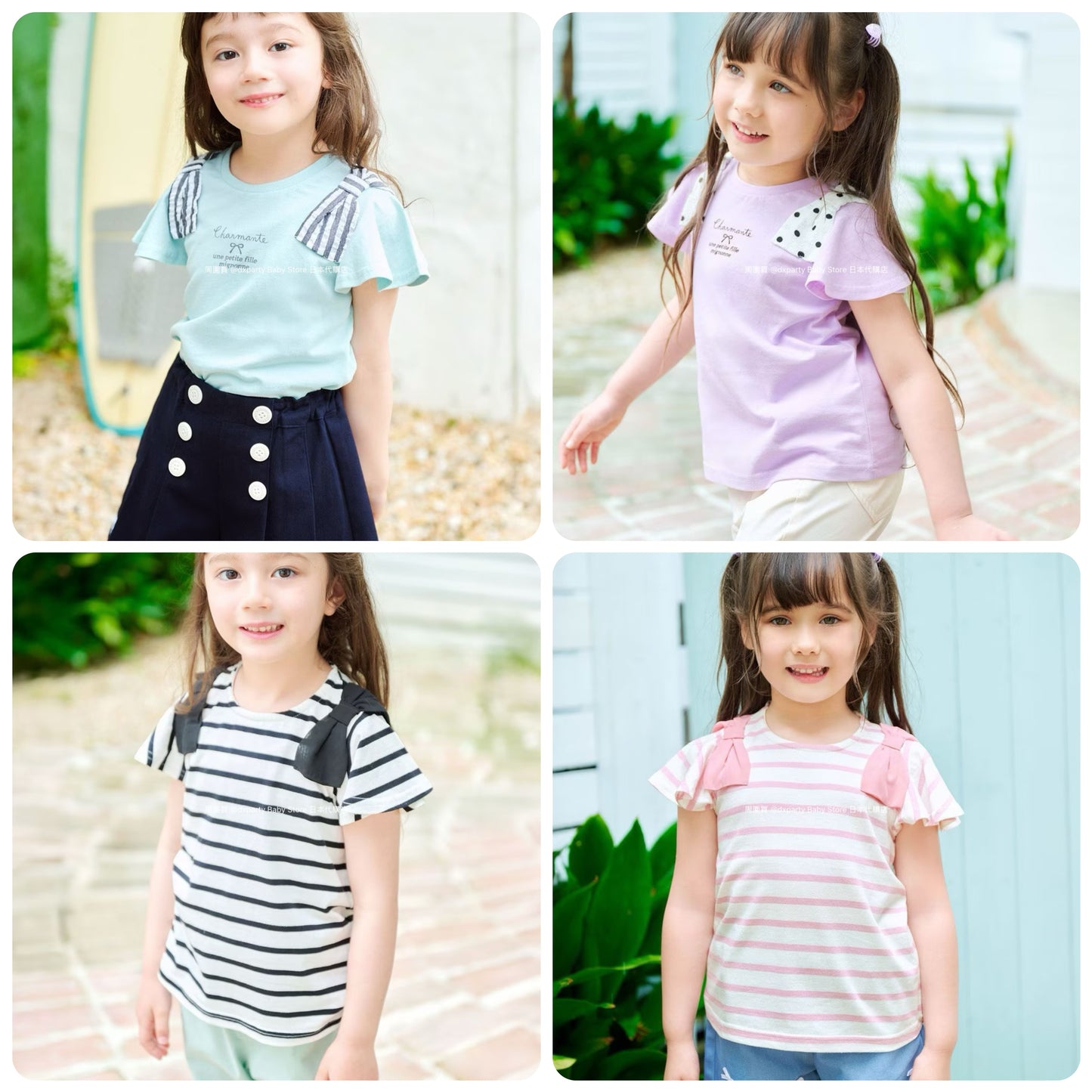 Japanese children's clothing aF#a325 bow shoulder sleeve top 90-160cm girls summer TOPS