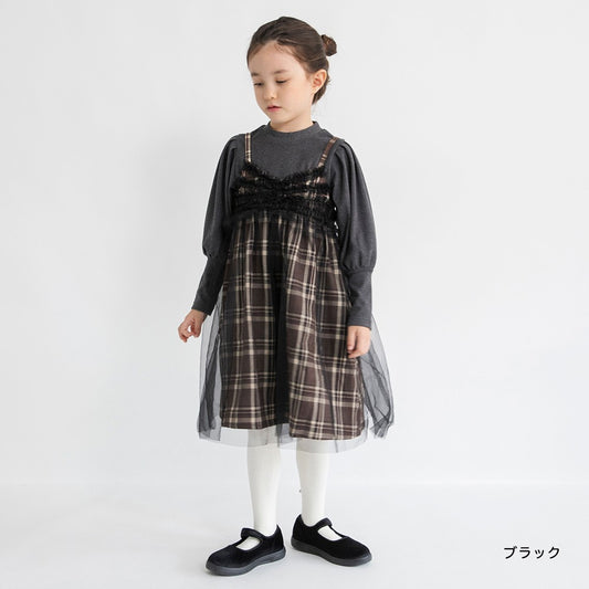 日本童裝 Branshes 吊帶網紗格仔連身裙 90-150m 女童款 冬季 DRESSES