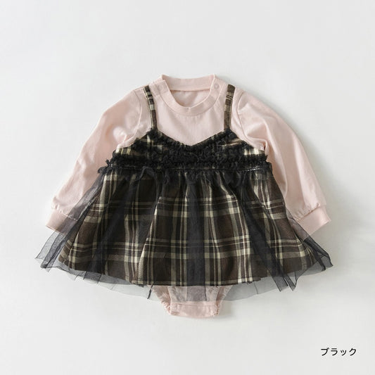 日本童裝 Branshes 假兩件格仔網紗連衣 70-80cm 初生嬰兒 女童款 冬季 Jumpsuit