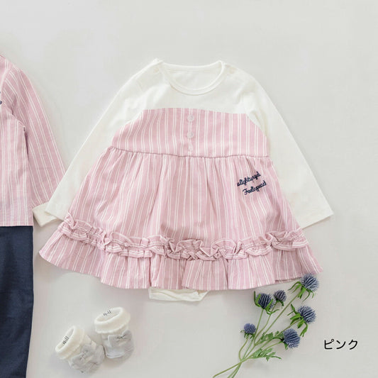 日本童裝 Branshes 拼色襯衫連衣 70-80cm 初生嬰兒 女童款 春季 Jumpsuit 新之春