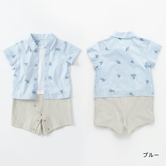 日本童裝 Branshes 花卉刺繡假兩件連衣 70-80cm 男童款 初生嬰兒 夏季 Jumpsuit Flower
