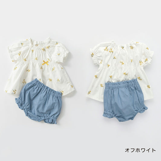 日本童裝 Branshes 花卉刺繡兩件套裝 70-80cm 女童款 初生嬰兒 夏季 TOPS PANTS Flower