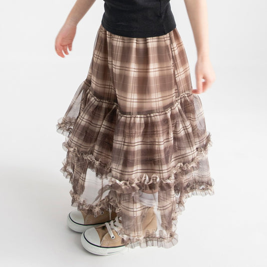 日本童裝 Branshes 格紋薄紗荷葉邊多層半裙 90-150cm 女童款 夏季 SKIRTS