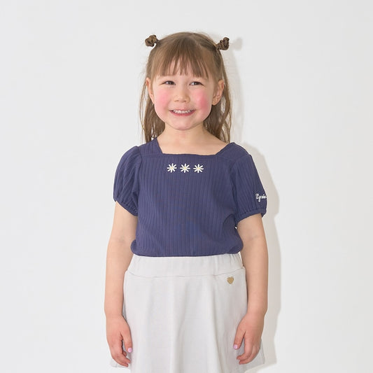 日本童裝 Ly# mine 方領泡泡袖刺繡上衣 100-150cm 女童款 夏季 TOPS