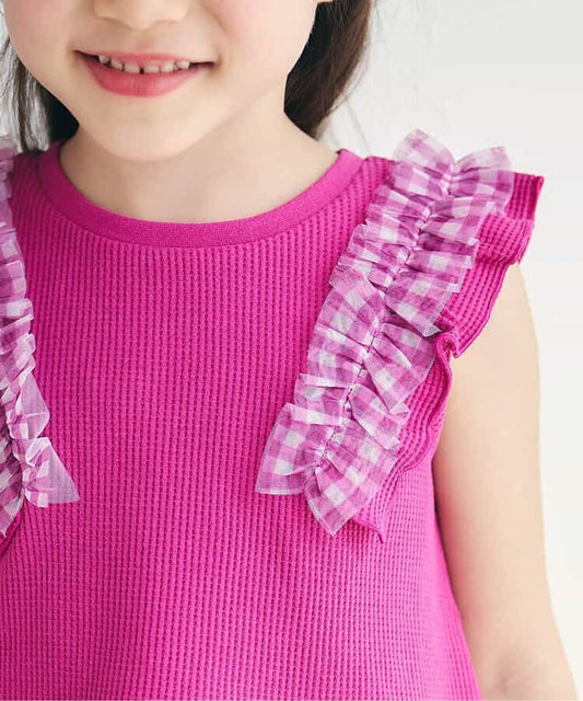 日本童裝 apres les cours 華夫格荷葉邊薄紗上衣 80-140cm 女童款 夏季 TOPS