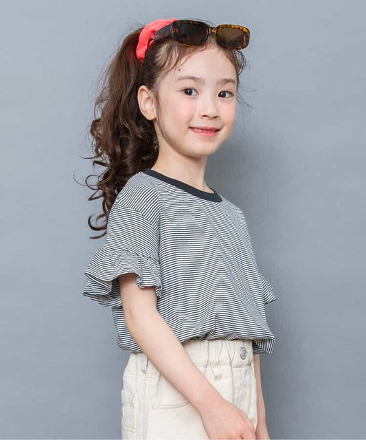日本童裝 BREEZE 荷葉邊袖條紋上衣 90-140cm 女童款 夏季 TOPS