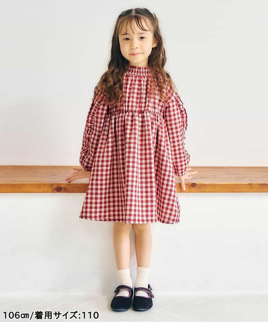 日本童裝 apres les cours 荷葉袖邊連身裙 80-140cm 女童款 秋季 DRESSES 聖誕紅/新年紅