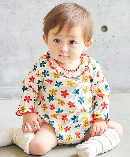 日本童裝 apres les cours 華夫格紋混色領連衣 70-80cm 女童款 初生嬰兒 秋季 Jumpsuit 聖誕紅/新年紅