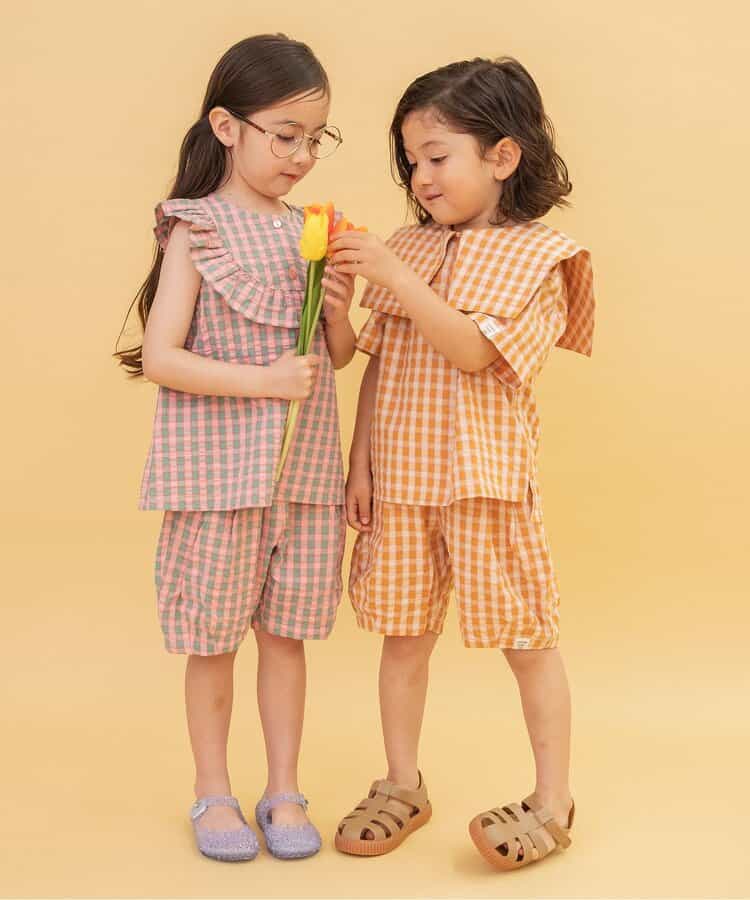 Japanese children's clothing BREEZE plaid sailor top 90-140cm boys/girls summer TOPS