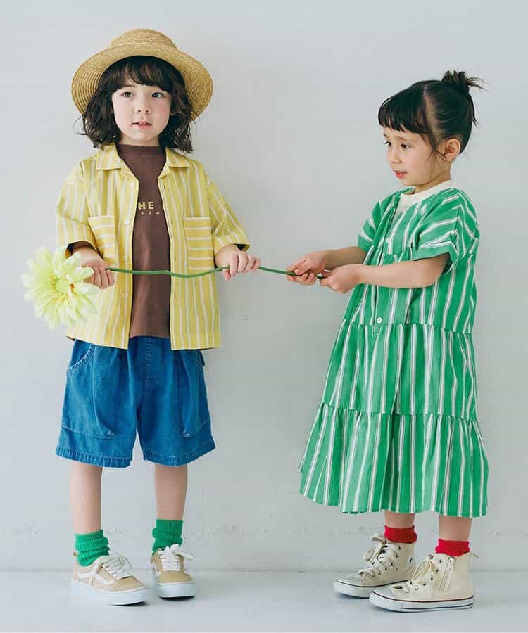 Japanese children's clothing p.prem#r 2Way reversible two-way wear front and back striped shirt dress 80-140cm girls summer dresses