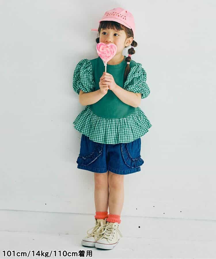 Japanese children's clothing p.prem#r ruffled puff sleeve ruffled top 80-140cm girls summer TOPS