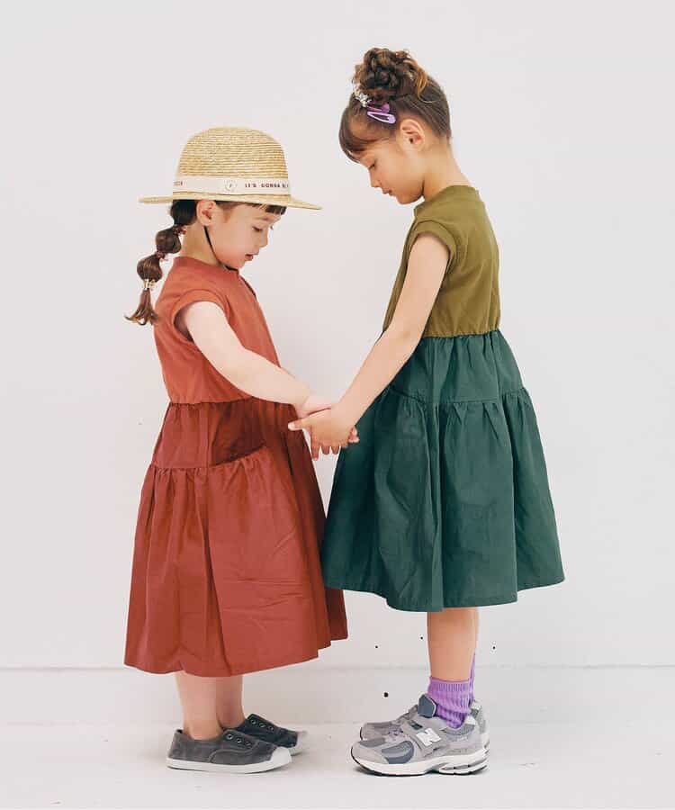 Japanese children's clothing p.prem#r workwear patchwork dress 80-140cm girls summer dresses