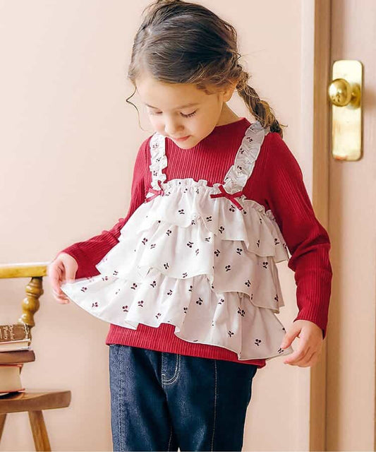 日本童裝 apres les cours 假兩件薄紗上衣 80-140cm 女童款 秋季 TOPS 聖誕紅/新年紅