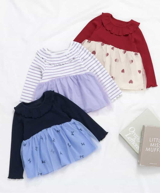 日本童裝 apres les cours 網紗拼接上衣 80-140cm 女童款 秋季 TOPS 聖誕紅/新年紅