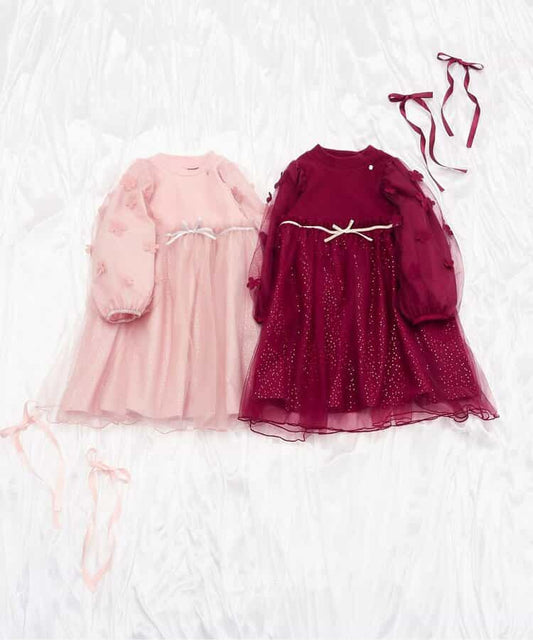 日本童裝 apres les cours 花花圖案薄紗連身裙 80-130cm 女童款 秋季 DRESSES 聖誕紅/新年紅