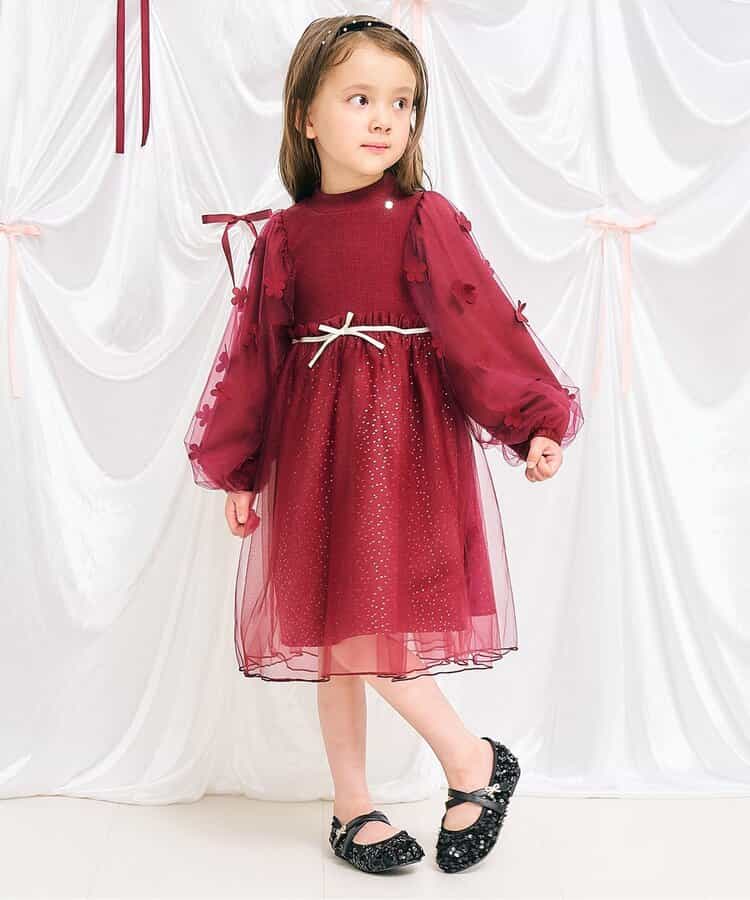 日本童裝 apres les cours 花花圖案薄紗連身裙 80-130cm 女童款 秋季 DRESSES 聖誕紅/新年紅
