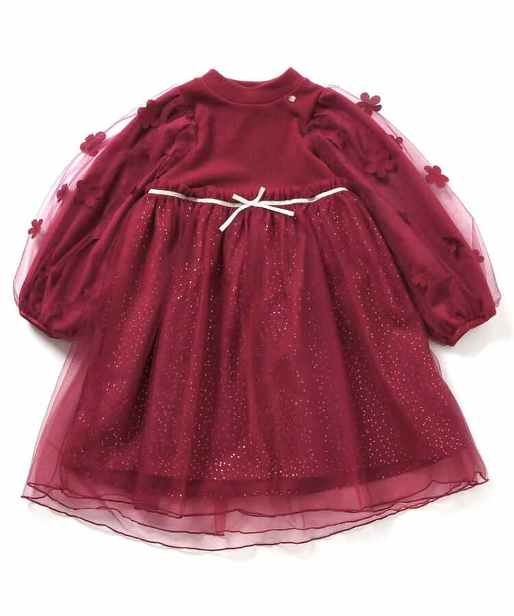 日本童裝 apres les cours 花花圖案薄紗連身裙 80-130cm 女童款 秋季 DRESSES 聖誕紅/新年紅