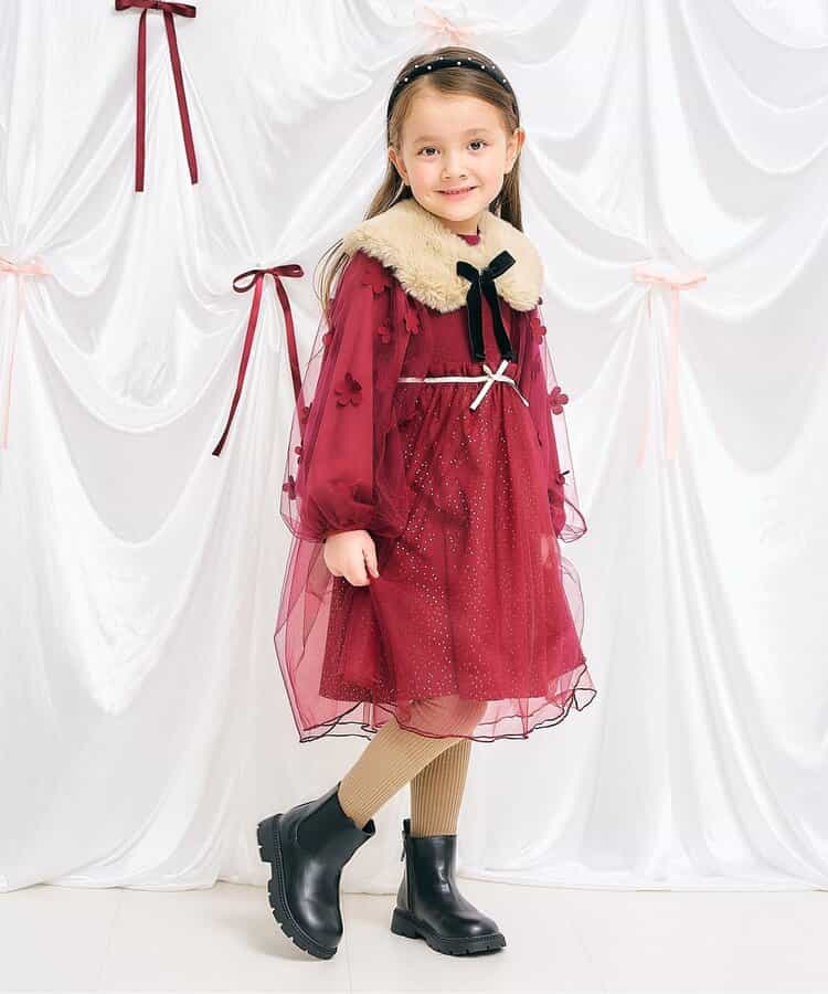日本童裝 apres les cours 花花圖案薄紗連身裙 80-130cm 女童款 秋季 DRESSES 聖誕紅/新年紅