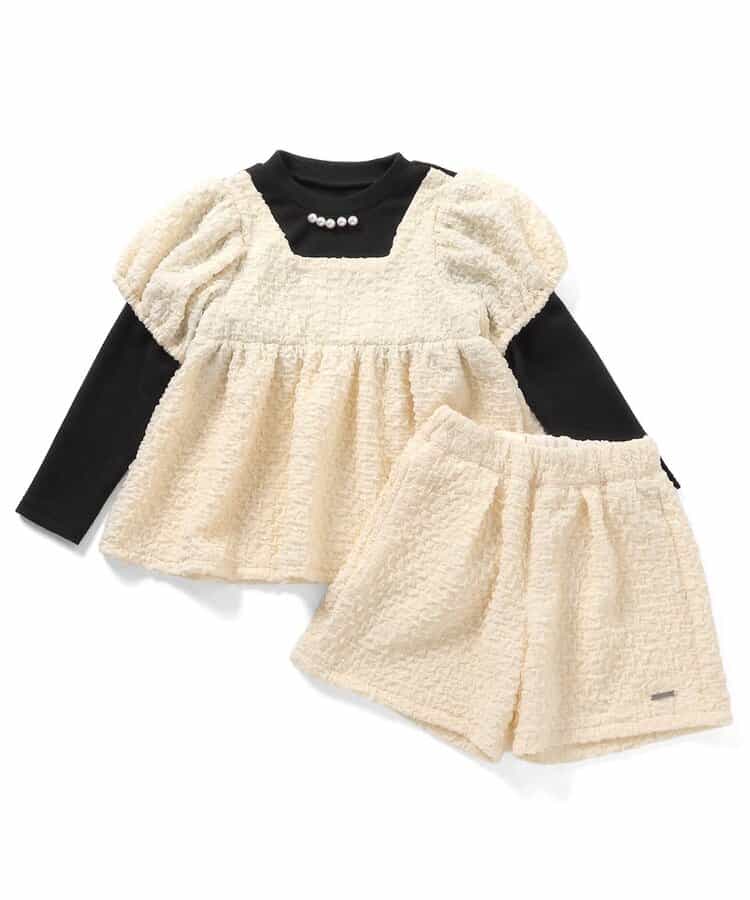 日本童裝 apres les cours 假兩件背面絲帶上衣及短褲兩件套裝 80-140cm 女童款 秋季 TOPS PANTS 聖誕紅/新年紅