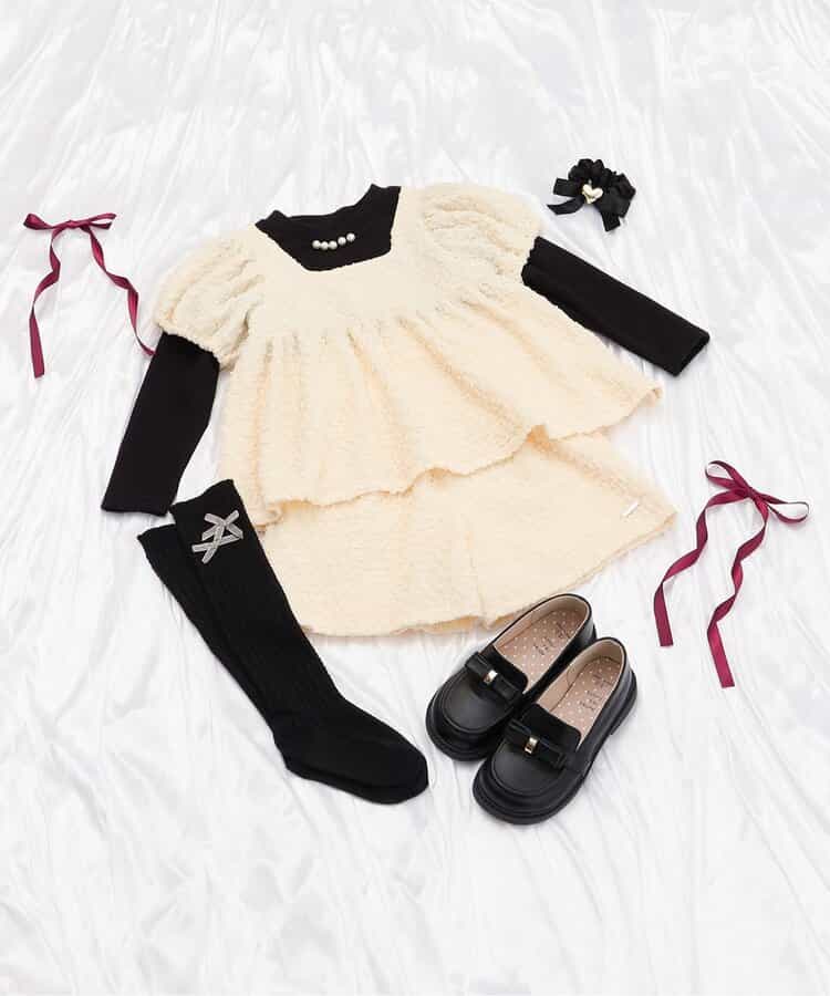 日本童裝 apres les cours 假兩件背面絲帶上衣及短褲兩件套裝 80-140cm 女童款 秋季 TOPS PANTS 聖誕紅/新年紅