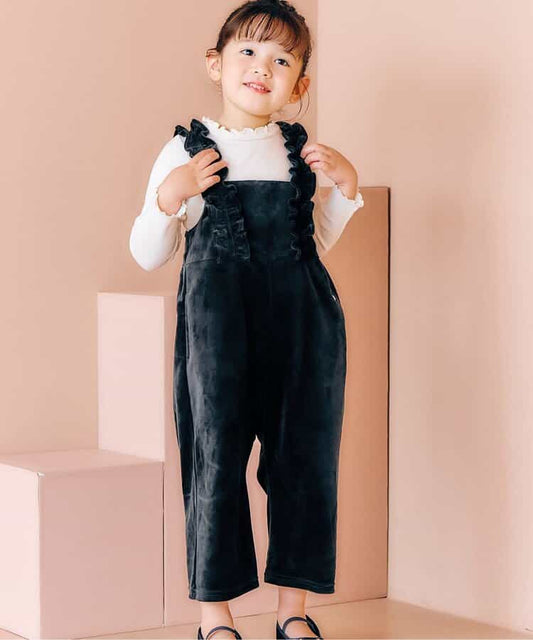 日本童裝 apres les cours 天鵝絨荷葉邊工裝褲 90-140cm 女童款 秋季 Jumpsuit