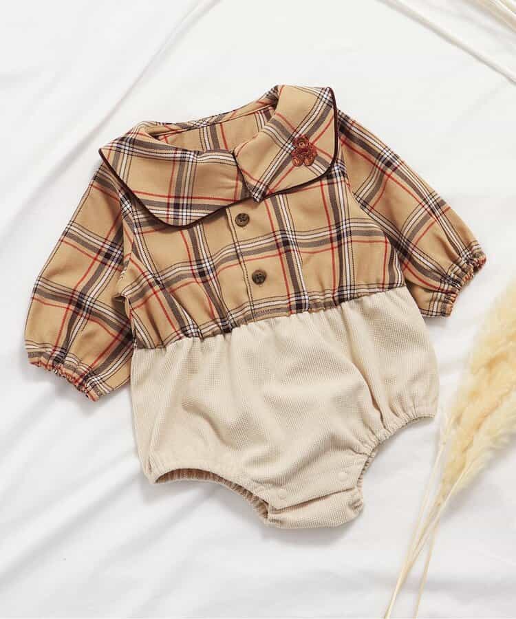日本童裝 apres les cours 格仔假兩件連衣 70-80cm 男童款 秋季 初生嬰兒 Jumpsuit