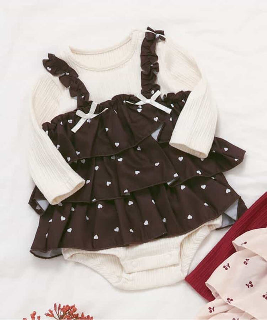 日本童裝 apres les cours 印花假兩件連衣 70-80cm 女童款 秋季 初生嬰兒 Jumpsuit 聖誕紅/新年紅