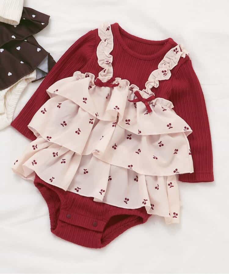 日本童裝 apres les cours 印花假兩件連衣 70-80cm 女童款 秋季 初生嬰兒 Jumpsuit 聖誕紅/新年紅