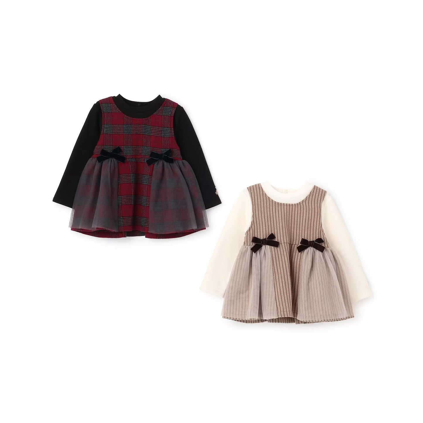 日本童裝 pe#main 假兩件蝴蝶結花邊上衣 80-130cm 女童款 冬季 TOPS 聖誕紅/新年紅