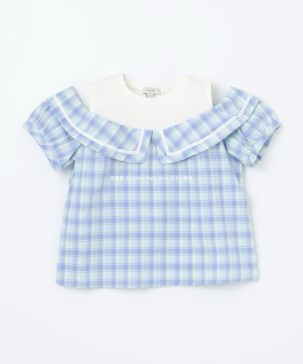 Japanese children's clothing aF#a325 plaid off-the-shoulder top 110-160cm girls summer TOPS