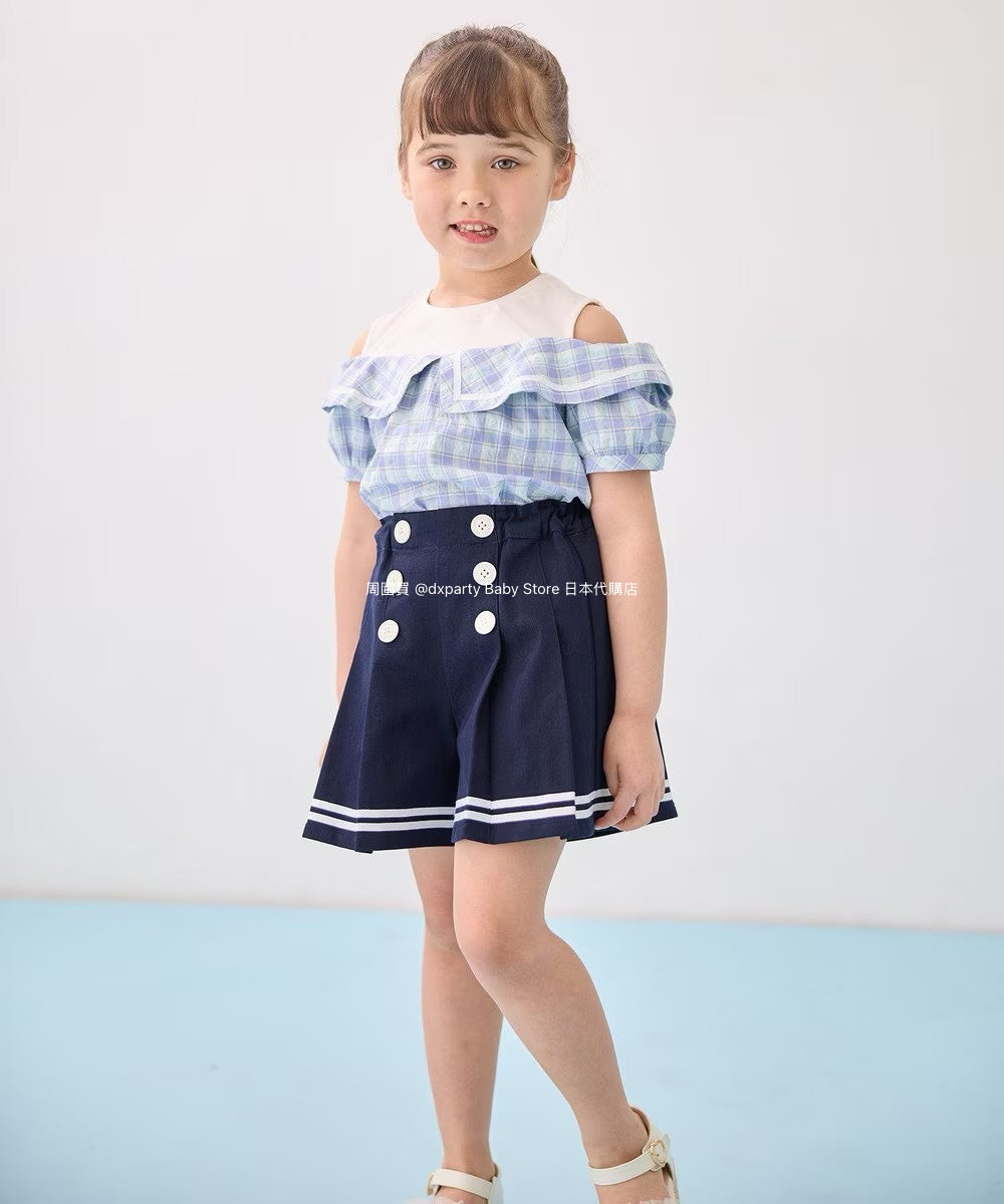 Japanese children's clothing aF#a325 plaid off-the-shoulder top 110-160cm girls summer TOPS