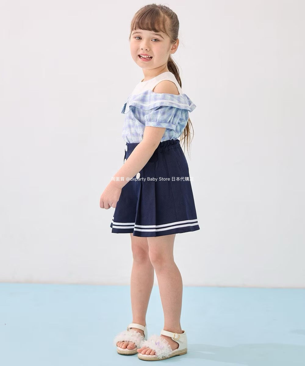 Japanese children's clothing aF#a325 plaid off-the-shoulder top 110-160cm girls summer TOPS