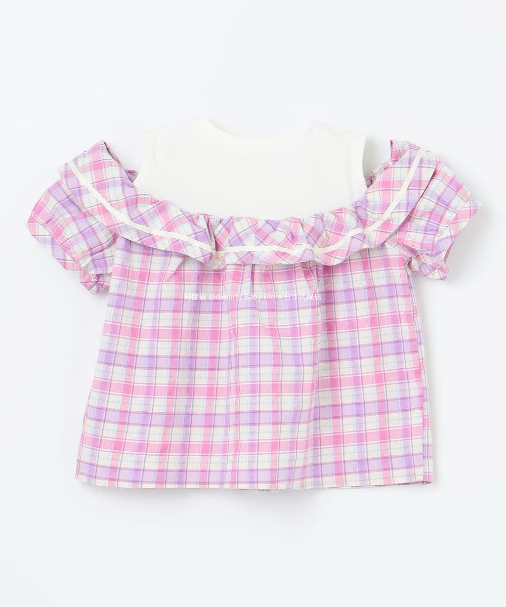Japanese children's clothing aF#a325 plaid off-the-shoulder top 110-160cm girls summer TOPS