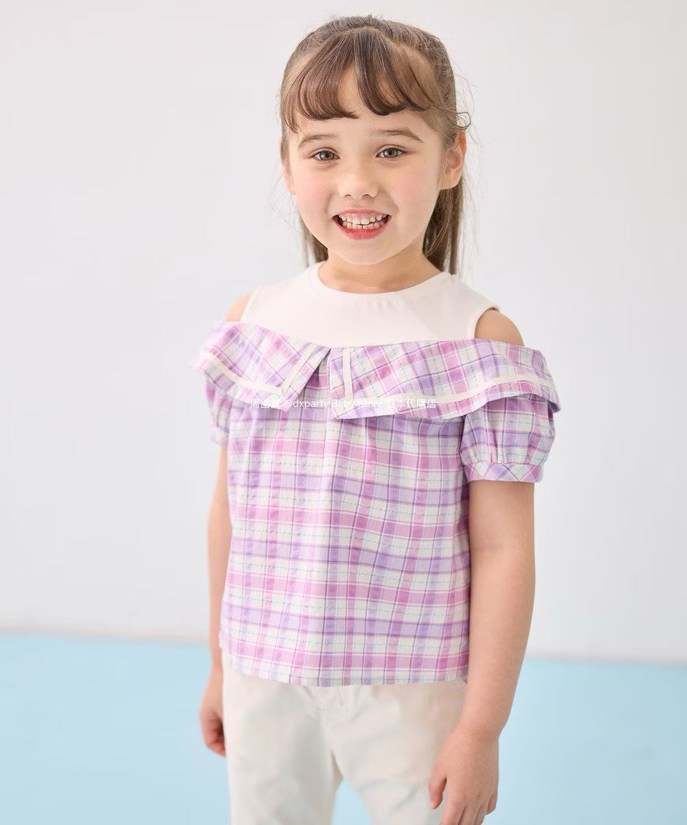 Japanese children's clothing aF#a325 plaid off-the-shoulder top 110-160cm girls summer TOPS