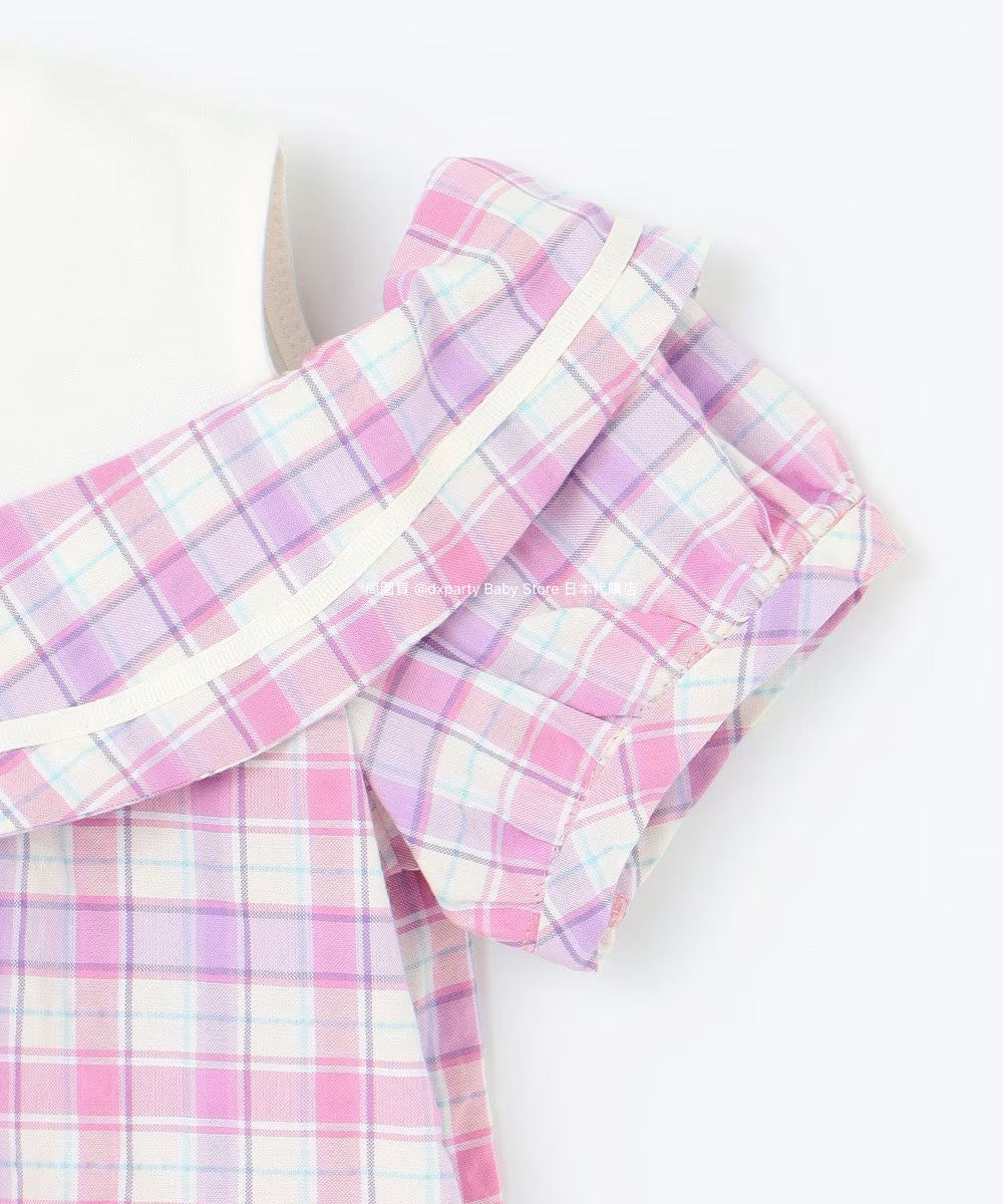Japanese children's clothing aF#a325 plaid off-the-shoulder top 110-160cm girls summer TOPS