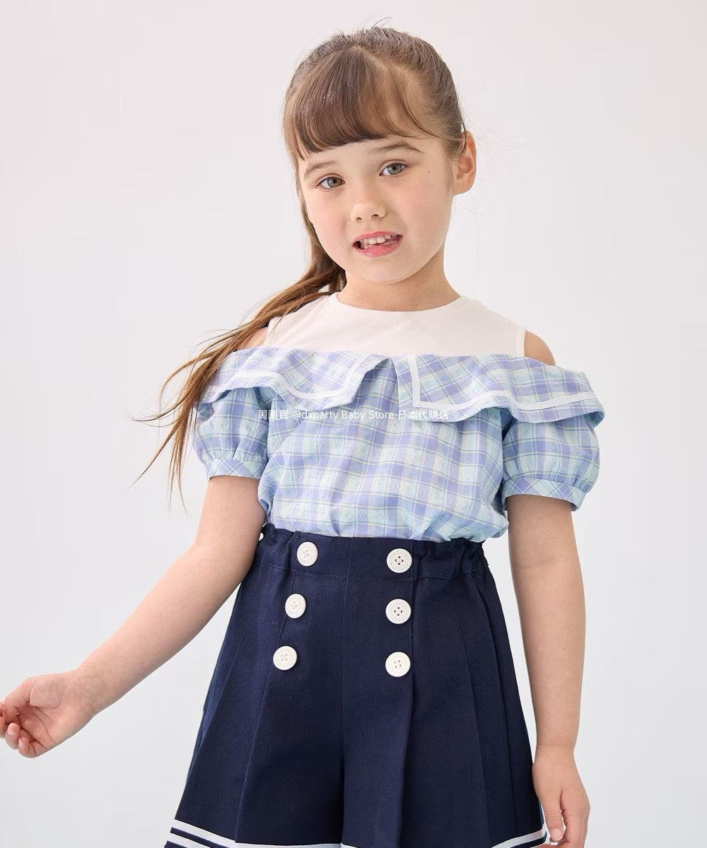 Japanese children's clothing aF#a325 plaid off-the-shoulder top 110-160cm girls summer TOPS