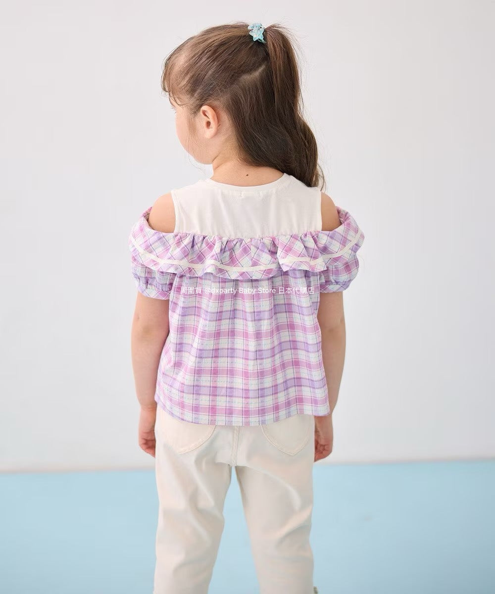 Japanese children's clothing aF#a325 plaid off-the-shoulder top 110-160cm girls summer TOPS