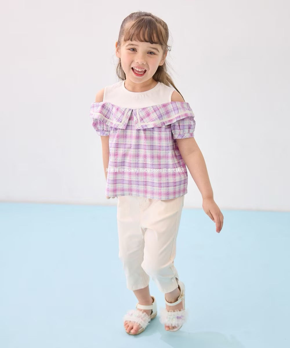 Japanese children's clothing aF#a325 plaid off-the-shoulder top 110-160cm girls summer TOPS