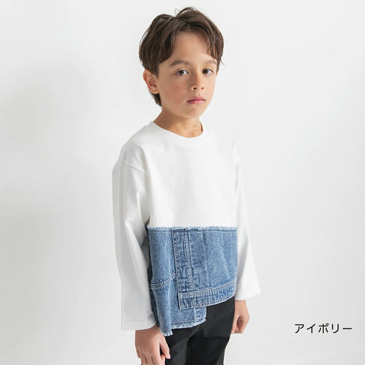 日本童裝 Branshes 拼接牛仔上衣 100-150cm 男童款 春季 TOPS