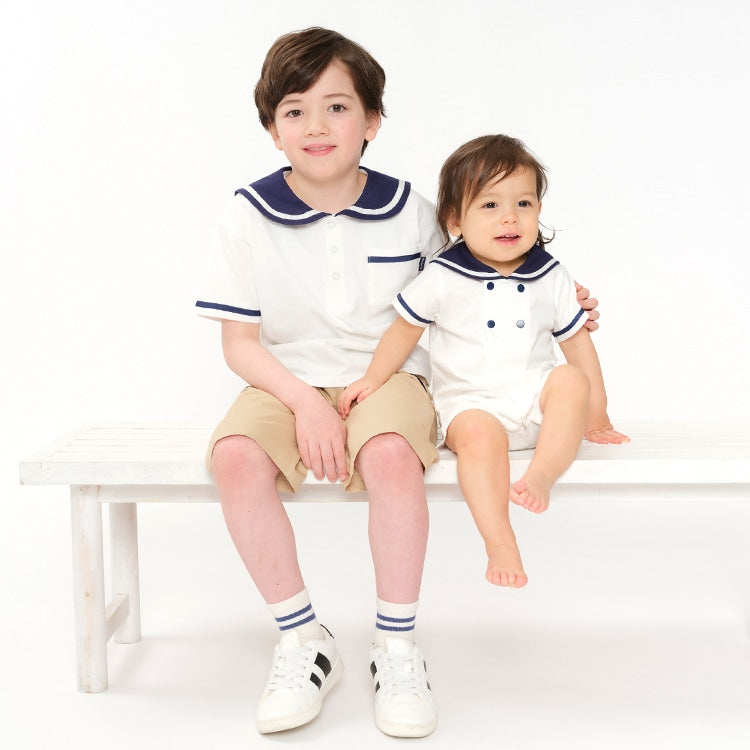 Moujonjon Japanese Children's Clothing Sailor-Style Jumpsuit (70-80cm) for Boys and Girls (Summer Jumpsuit for Newborns)