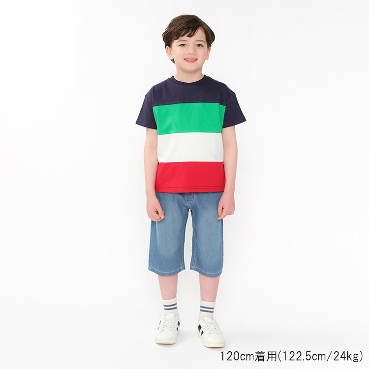 Japanese Moujonjon children's clothing contrast rainbow short-sleeved top 80-140cm boys' summer TOPS