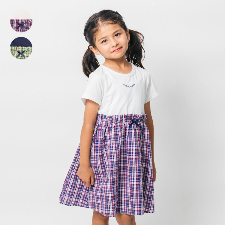 Japanese Moujonjon Checkered Patchwork Dress 80-140cm Girls Summer Dresses