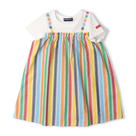 Japanese Moujonjon Fake Two-Piece Rainbow Striped Dress 80-140cm Girls Summer Dresses