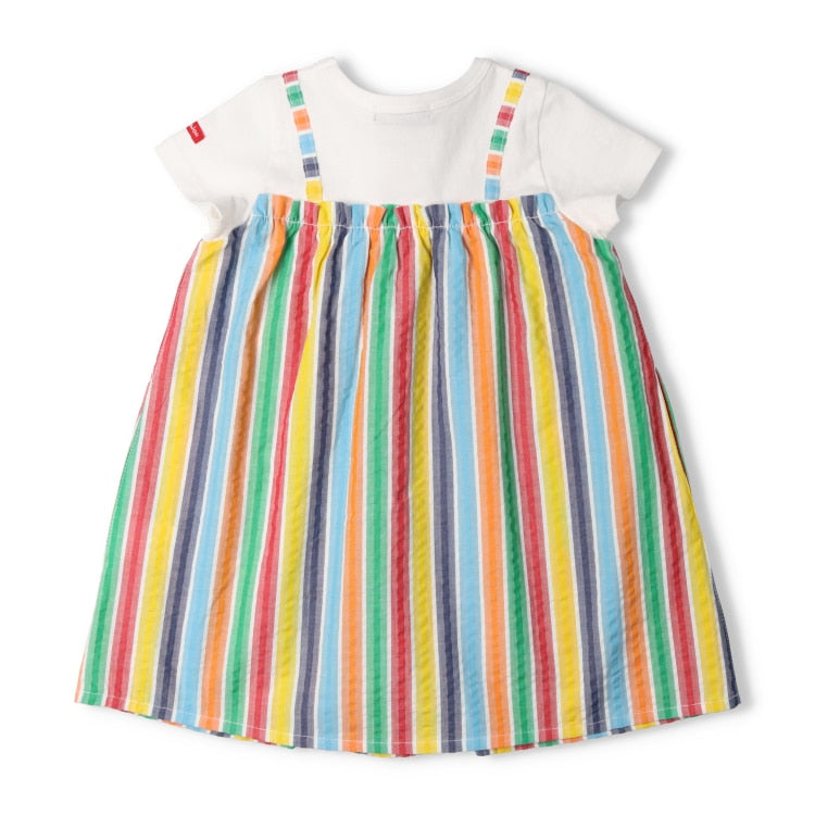 Japanese Moujonjon Fake Two-Piece Rainbow Striped Dress 80-140cm Girls Summer Dresses