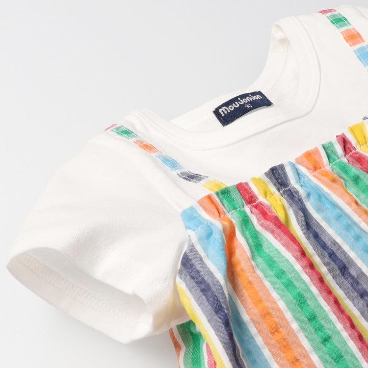 Japanese Moujonjon Fake Two-Piece Rainbow Striped Dress 80-140cm Girls Summer Dresses