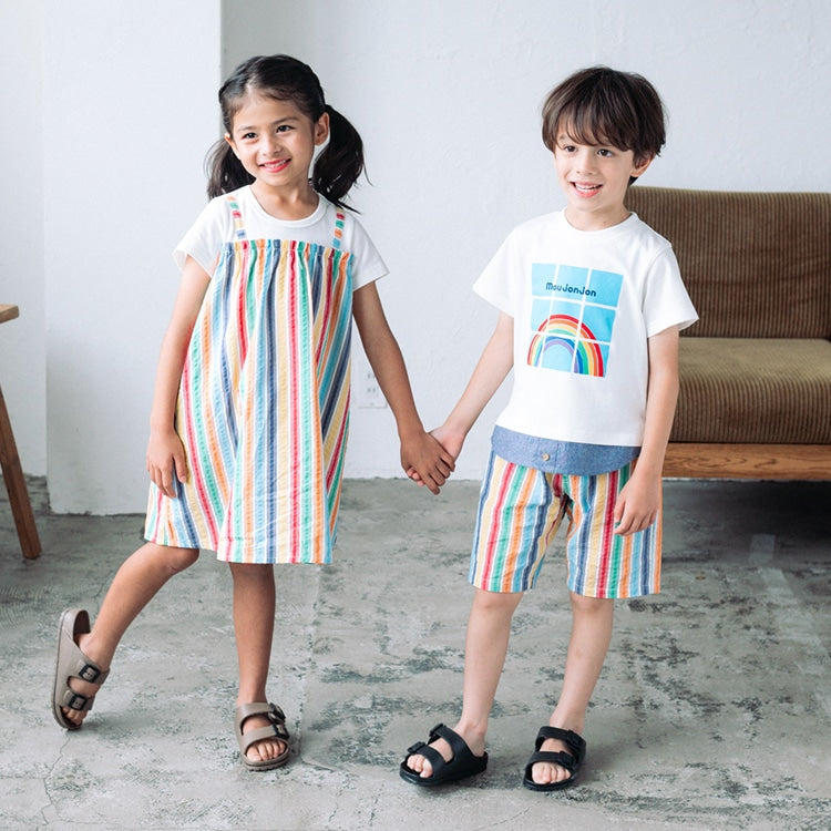 Japanese Moujonjon Fake Two-Piece Rainbow Striped Dress 80-140cm Girls Summer Dresses